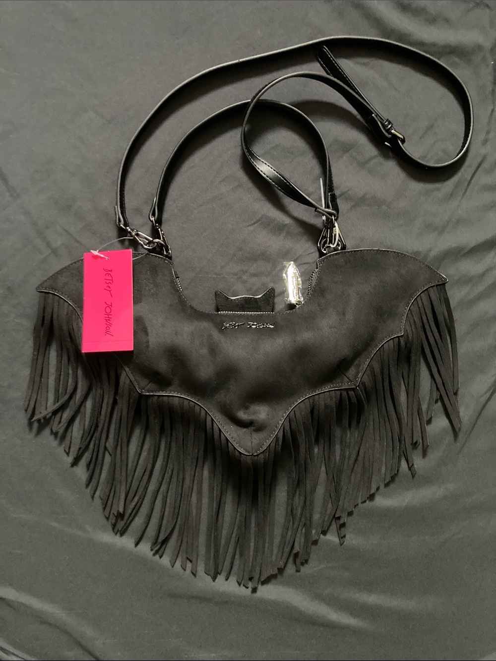 NWT Betsey Johnson Bat Bag Fringe Faux Suede Xoblaire Crossbody Goth Halloween